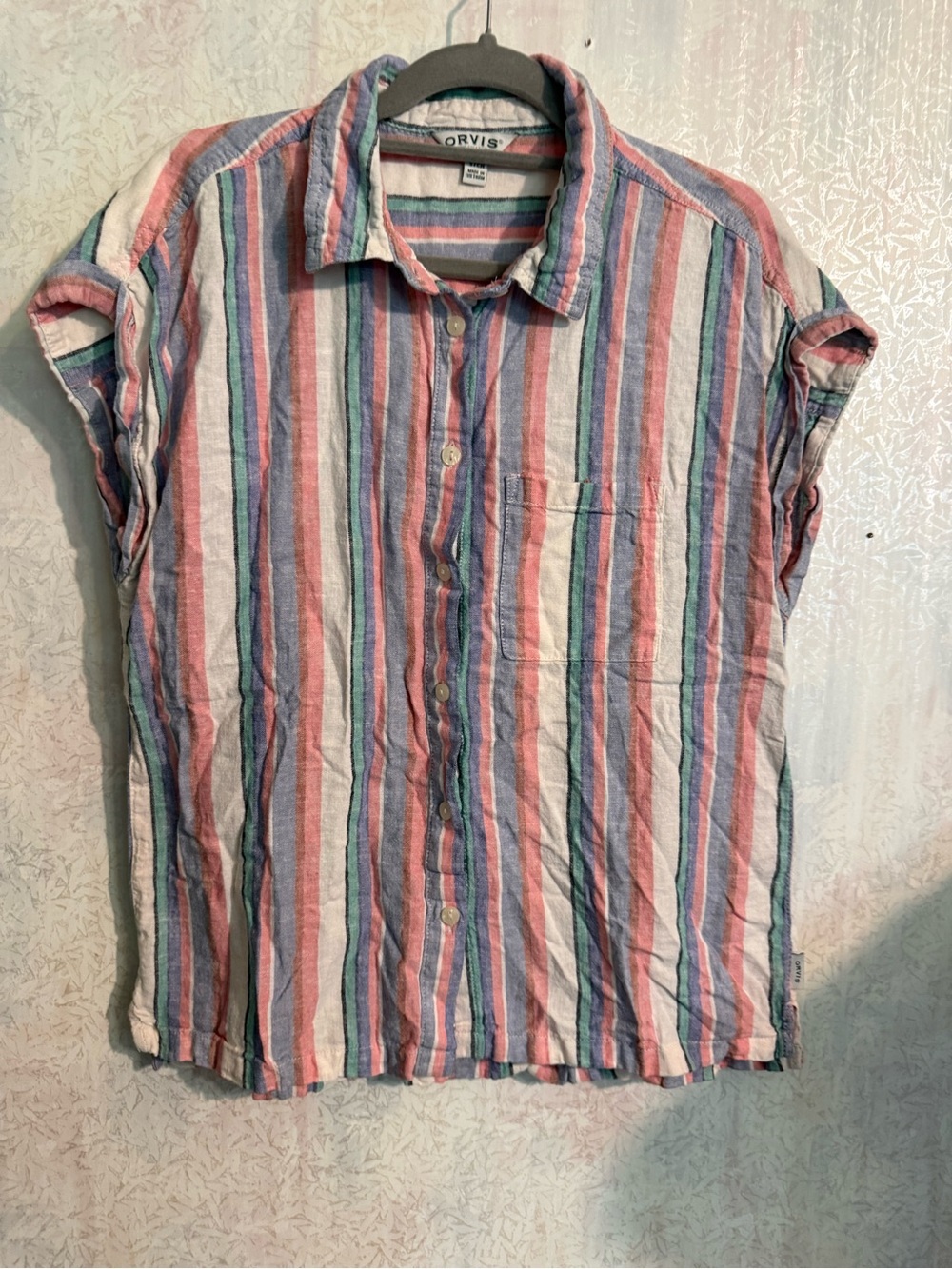 Orvis Ladies Short Sleeve Button Up Linen Blend Shirt Top Stripe, Lightweight, S